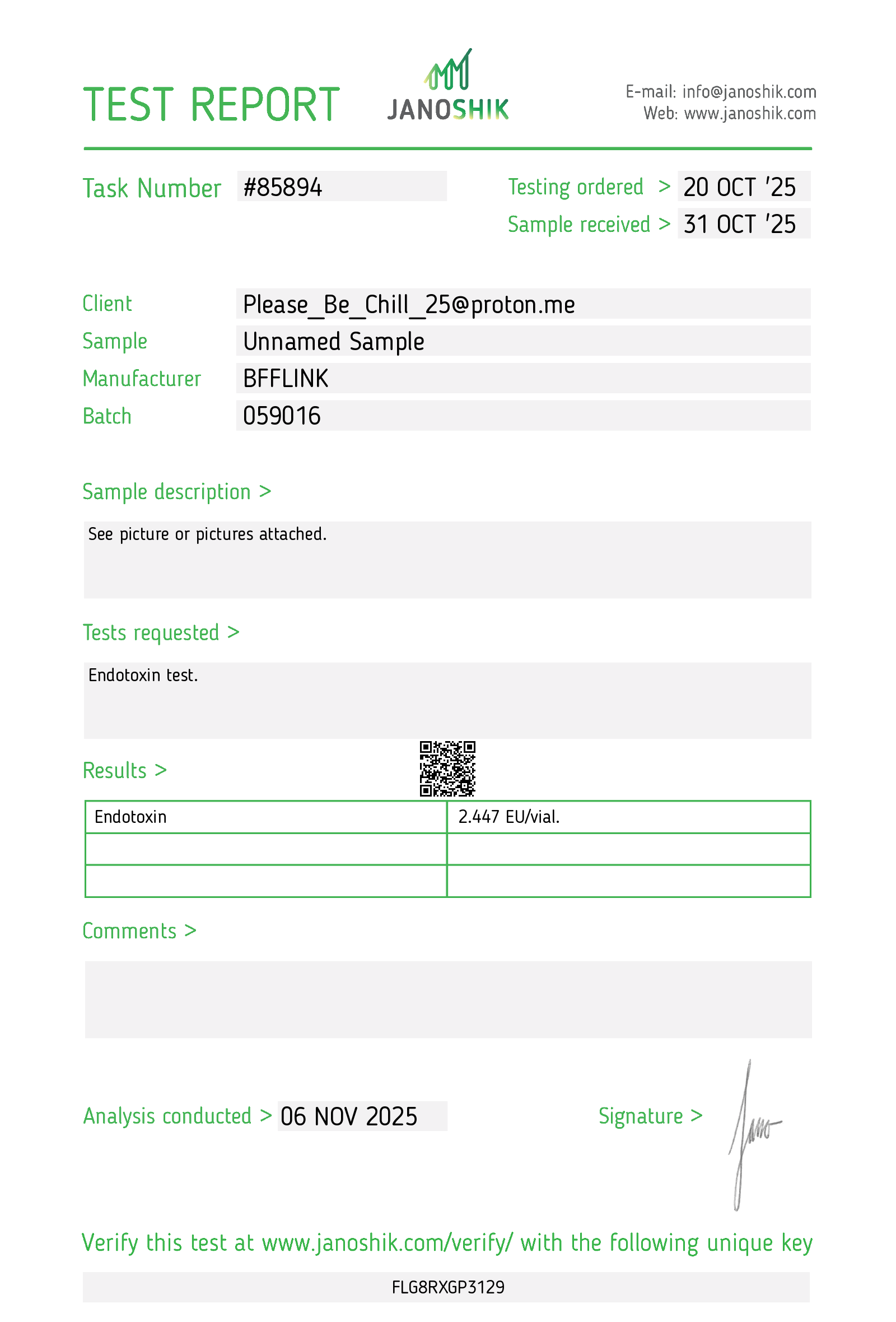 Certificate for Unnamed Sample